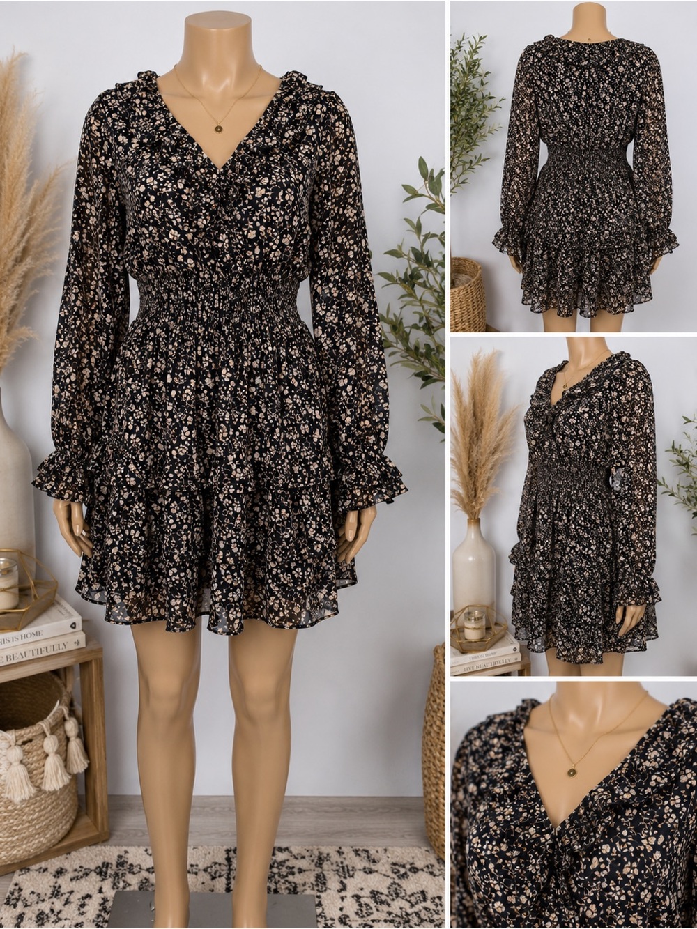 Altar’d State Floral Dress Women’s M Black Smocked Waist Ruffle Tiered Mini
